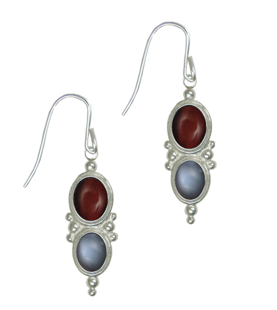 Sterling Silver Drop Dangle Earrings With Red Tiger Eye And Grey Moonstone